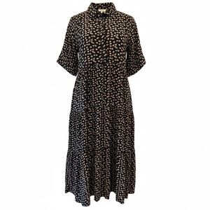 Dark floral button up bust short sleeve tiered midi dress